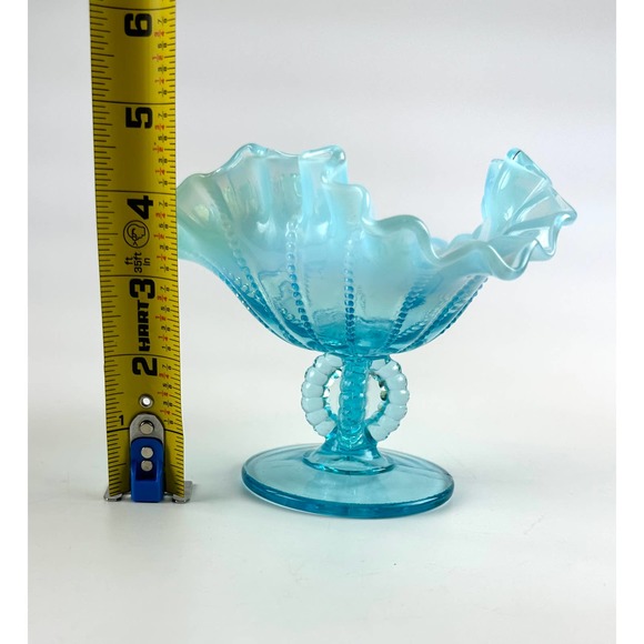 Vintage Fenton For LG Wright Blue Opalescent Beaded Footed Ruffled Edge Compote - Picture 13 of 14